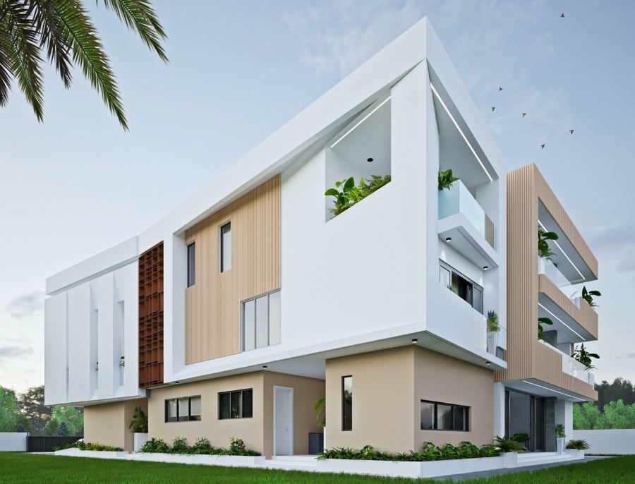 North-east perspective with fluted panels and stacked balconies