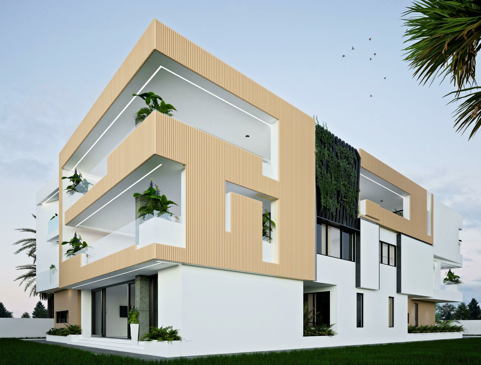 Render of the Octopus House from the north-west: white rendered volumes and warm fluted panels wrapping deep balconies, with a living green wall
