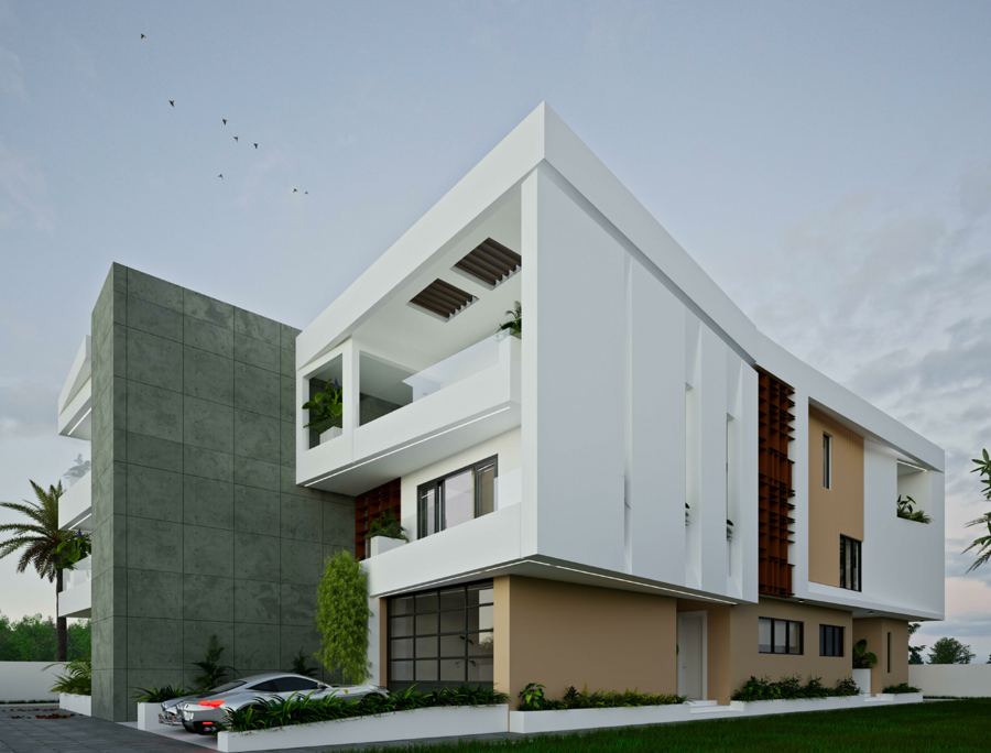 South-west perspective: the curved white façade, timber screens and a stone-clad feature wall