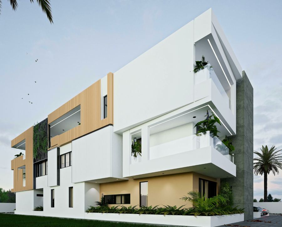 West perspective with green wall and cantilevered upper floors